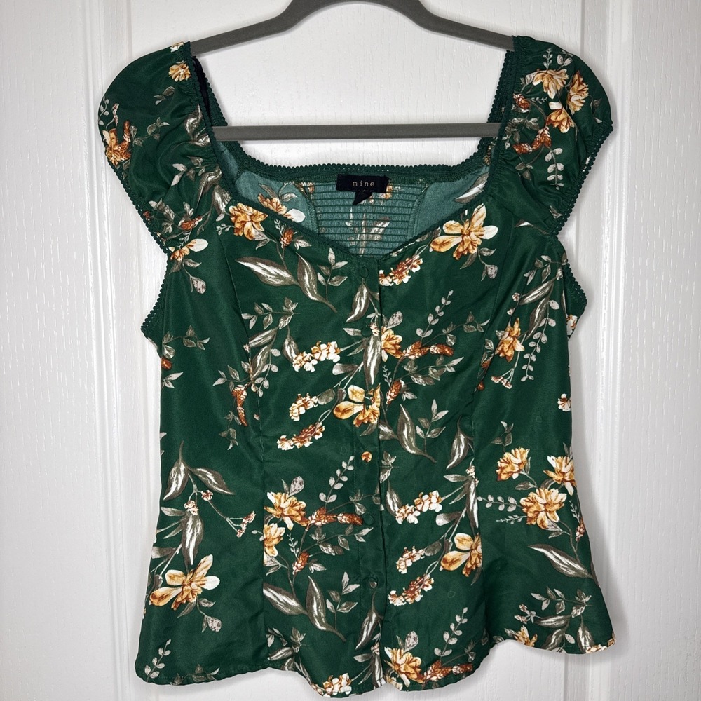 Mine Green Floral Smocked Ruffle Shoulder Button Top Women's L Cottagecore